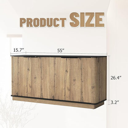 LKTART 55" Sideboard Buffet Cabinet with Storage, Wooden Fluted Storage Cabinet Sideboard with Adjustable Shelves Metal Rounded Corner for Kitchen Living Room (Natural)