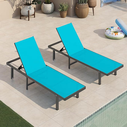 Pool Lounge Chairs Set of 2，Outdoor Lounge Chairs with Wheels and 5-Position Recliner -Easy to Move- Aluminum Patio Lounge Chair for Poolside, Deck (Lakeblue)