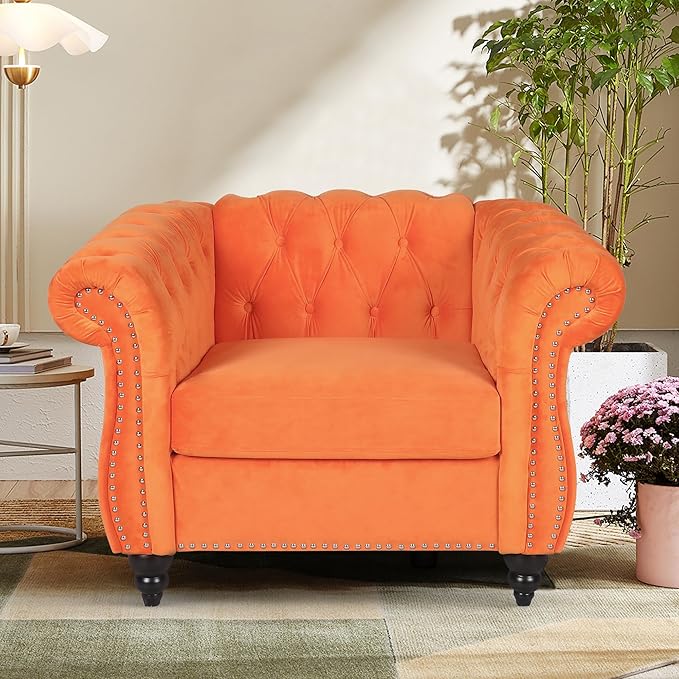 2 Piece Living Room Furniture Set, Velvet Loveseat and Chair Set, Mid Century Modern Upholstered Sofa Couch with Cushions, Comfy Tufted Chesterfield Couches for Living Room, Bedroom, Office