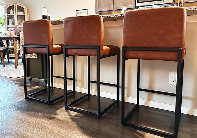 ALPHA HOME 24 Inch Bar Stools, Kitchen Counter Stools with Backs, PU Leather Barstools, Kitchen Stools with Back&Upholstered Footrest, Sturdy Chromed Metal Steel Frame, Brown