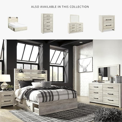 Signature Design by Ashley Cambeck Farmhouse Queen Panel Platform Bed with 4 Storage Drawers, Cubbies, Sconce Lights and USB Ports, Foundation or Box Spring Not Needed, Whitewash