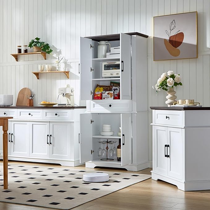 White Farmhouse Storage Cabinet with 2 Doors and 1 Drawer, Adjustable Shelf, Freestanding Kitchen Pantry Cabinet, Modern Buffet Sideboard Coffee Bar Cabinet Living Room Bathroom Dining Room