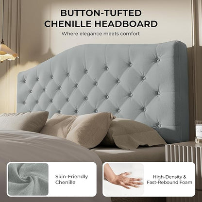 King Headboard Only, Modern Button-Tufted Upholstered Headboard King Size with 4" Thickened High-Density Sponge, Luxury Chenille Fabric, Adjustable Height, Easy Assembly, Grey