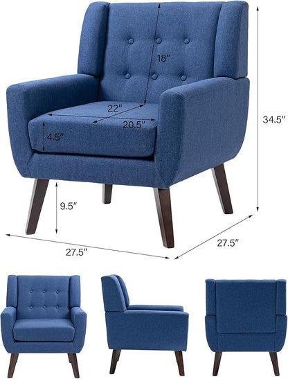Accent Chair, Mid-Century Modern Fabric Chairs with Arms for Living Room, Comfy Upholstered Club Single Sofa Armchair for Bedroom Waiting Room with Solid Wood Frame (Fabric Navy Blue, Set of 2)
