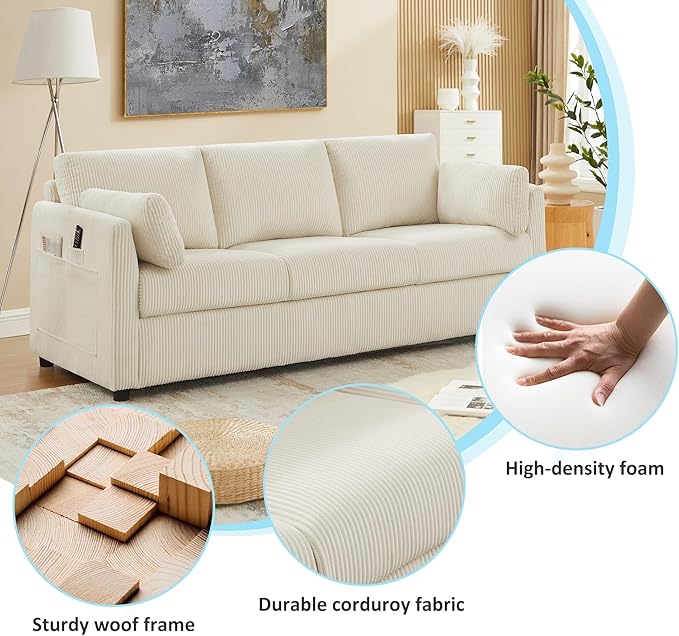 Living Room Sofa Set, Corduroy 3-Seat Couch with Set of 2 Accent Side Chairs, Soft Pillows and Side Pockets, Modern Living Room Furniture Sets for Apartment, Small Spaces, Beige