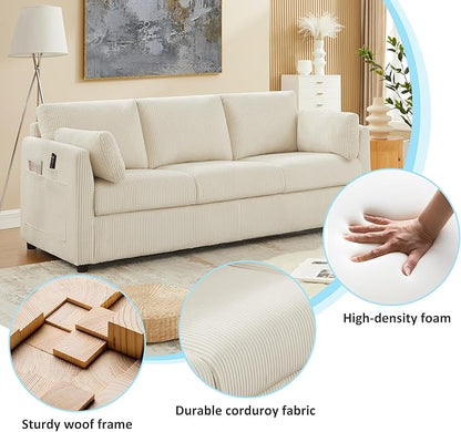 Living Room Sofa Set, Corduroy 3-Seat Couch with Set of 2 Accent Side Chairs, Soft Pillows and Side Pockets, Modern Living Room Furniture Sets for Apartment, Small Spaces, Beige