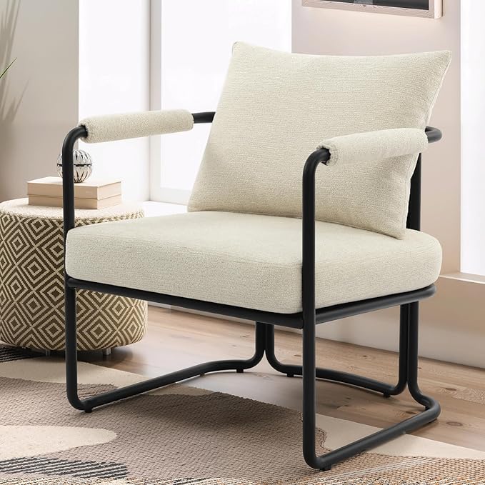 Single Accent Chair for Living Room, Mid Century Modern Upholstered Reading Armchair for Bedroom, Office, with Comfy Chenille Cushion & Metal Frame, Cream Beige