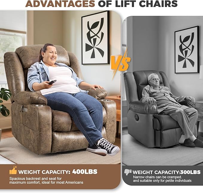 HUSFU Oversized Power Lift Recliner Chairs for Elderly with Massage and Heat, Extra Wide Recliners,Breathable Leather Lift Chairs w/Cup Holders, USB & Type-C Ports, Brown,2PCS