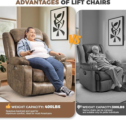 HUSFU Oversized Power Lift Recliner Chairs for Elderly with Massage and Heat, Extra Wide Recliners,Breathable Leather Lift Chairs w/Cup Holders, USB & Type-C Ports, Brown,2PCS