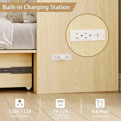 Full Size Murphy Bed with Charging Station, Wall-Mounted Hideaway Bed with Foldable Panel for Home Office, Small Rooms, Guest Bedrooms, Living Rooms, Natural