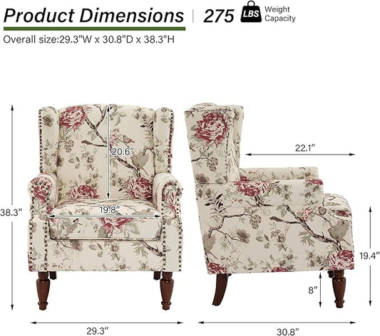 Accent Chair, Upholstered High Back Floral Armchair with Nailhead Trim & Wood Legs, Comfy Wingback Reading Single Sofa Chair for Small Spaces, Living Room, Bedroom-Pink Floral, Set of 1