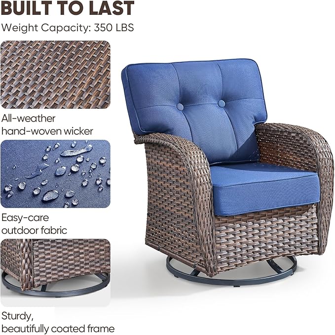 5-Piece Rotating Balcony Chair Set with 31-inch T-Shaped Wide backrest - Rattan Outdoor Rotating Balcony Chairs, Wide backrest Comfortable Outdoor Sliding Chair - Brown | Blue