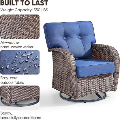 4-piece rotating balcony chair set with 31-inch T-shaped wide backrest - rattan outdoor rotating balcony chairs, wide backrest comfortable outdoor sliding chair - Brown Rattan | Blue Cushions