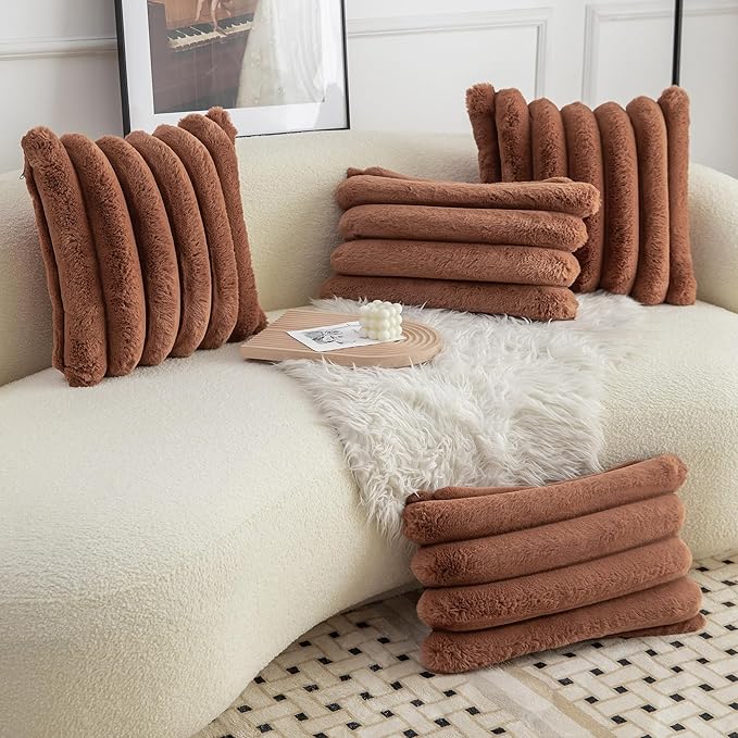 Neelvin Brown Faux Fur Cozy Soft Stripe Decorative Throw Pillow Covers 24x24 inch Set of 2,Velvet Pillowcase Cushion Case for Sofa Couch