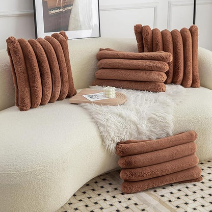Neelvin Brown Faux Fur Cozy Soft Stripe Decorative Throw Pillow Covers 16x16 inch Set of 2,Velvet Pillowcase Cushion Case for Sofa Couch