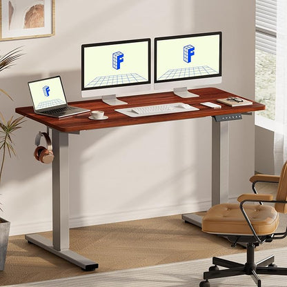 FLEXISPOT EN1 One-Piece Adjustable Stand Up Desk - 60 x 24 Inches Electric Standing Desk with Seamless Desktop (Silver Frame + Mahogany Top, 2 Packages)