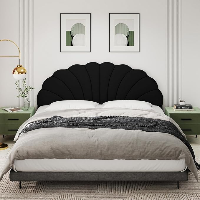 King Size Headboard Only, Petal Wall Mount Headboard King/California King Size for Adjustable Bed Velvet Upholstered Head Board Easy Assembly, Black