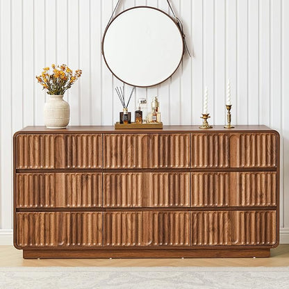 Fluted 9 Drawer Dresser for Bedroom, 60" Wide Modern Chest of Storage Drawers, Wood Dresser & Chest of Drawers with Curved Corners, Dressers TV Stand for Living Room (60" Walnut 9 Drawer)
