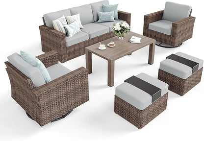 Swivel Glider 6 Piece Outdoor Furniture Set with Swivel Chairs, Wicker Patio Furniture with 4.92" Wide Armrest, 26.3" Deep Seating and 5.5" Thick Cushions, Grey