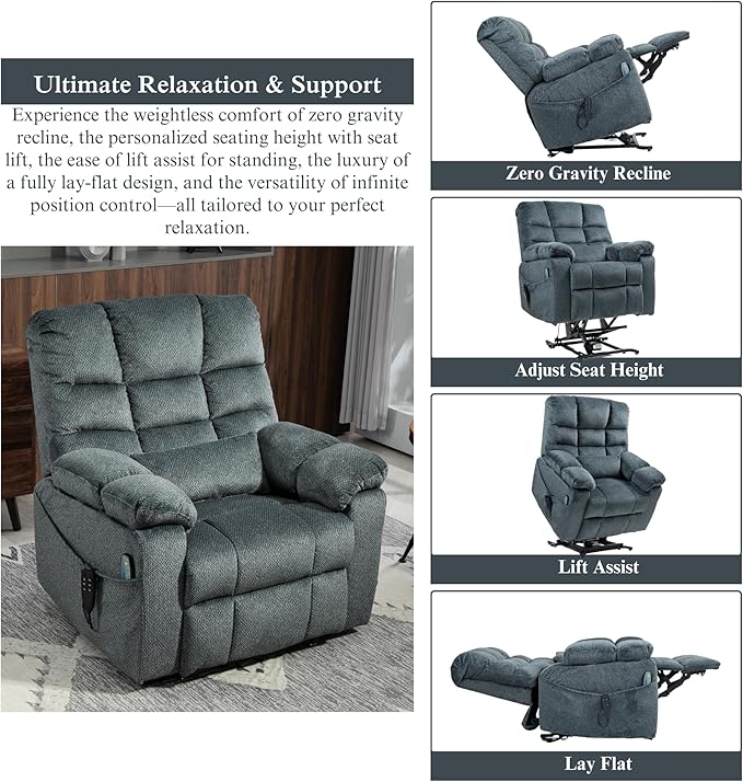 3-Motor Lift Chair with Adjustable Seat Height Zero Gravity Lay Flat Recliner with Heat Massage, Big Man Lift Recliners 400 lbs for Elderly Storage Cup Holders, Tall Man Recliner