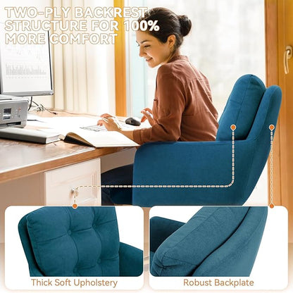 Velvet Office Chair, Comfy Home Office Desk Chairs with Lumbar Support, Modern Velvet Desk Chair Gold Legs Small Swivel Task Chair for Home Office, Bedroom, Study (Blue, L)