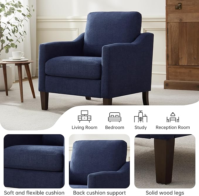 VKNOW Mid Century Modern Accent Chair, Upholstered Living Room Chairs Armchair for Bedroom, Comfy Reading Accent Chairs with Wood Legs for Living Room, Navy Blue