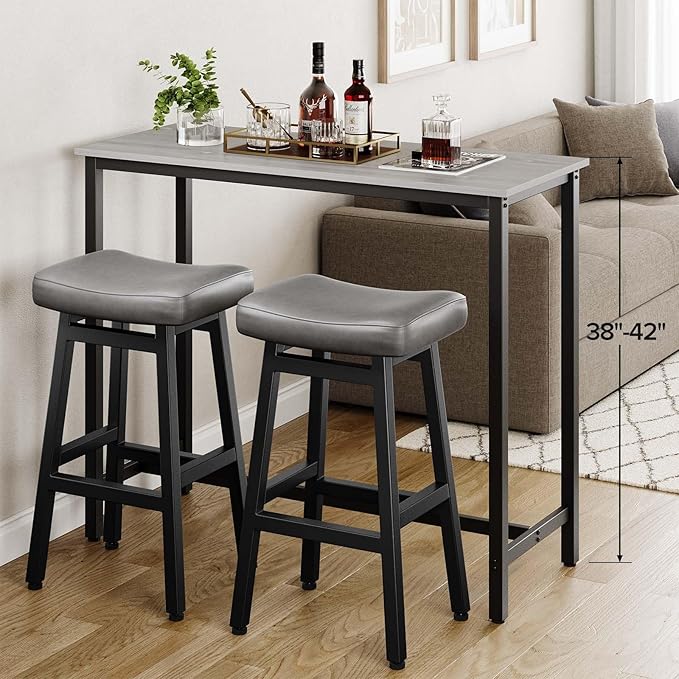 29 Inches Bar Stools Set of 2, Bar Height Barstools for Home Counter, Blackless Barstool with Bonded Leather Saddle Seats & Heavy Duty Metal Legs, Easy Assembly, Gray/Black