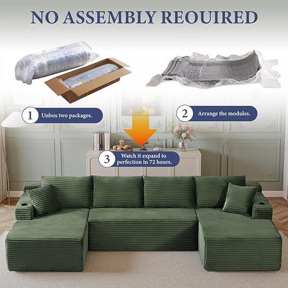 134''Oversized Modular Sectional Sofa Boneless Cloud Couch with Chaise Comfy Sectional Couches for Living Room,Bedroom,Apartment (Green, 134''W U-Shaped)