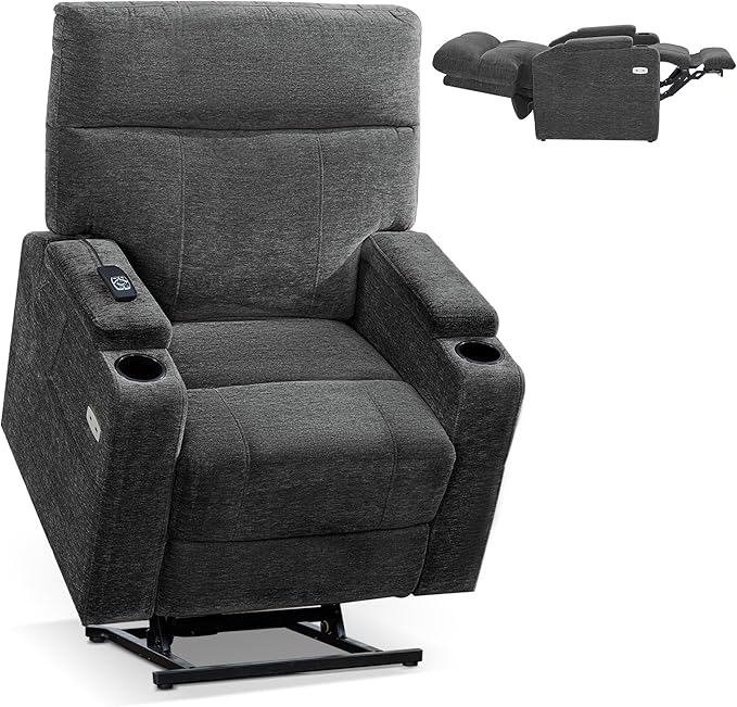 MCombo Lay Flat Dual Motor Power Lift Recliner Chair with Massage & Dual Heating, Arm Storage, Extended Footrest, USB A/C Ports & Cup Holders, Infinite Position for Elderly, Fabric LC002 (Gray)
