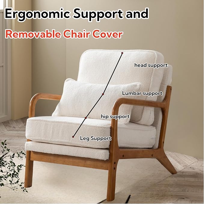 Mid-Century Accent Chair Set of 2,Sherpa Fabric Lounge Chair with Wide Armrest,Sherpa Fabric Armchair with Lumbar Pillow & Solid Wood Frame for Living Room, Bedroom, Balcony(White)