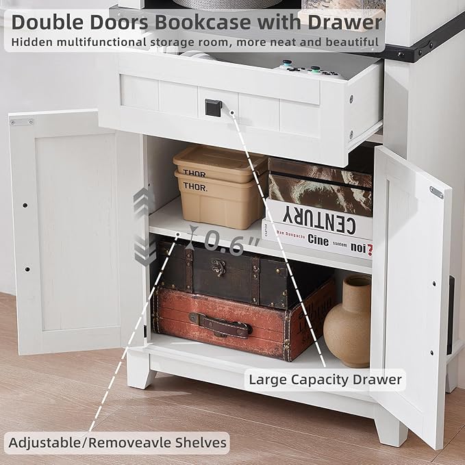 72in Tall Bookshelf 7 Tier Bookcase with Drawer and Barn Doors and Adjustable Shelves, White Farmhouse Book Shelf with Storage Cabinet, Wood Freestanding Display Bookshelves for Kitchen (4PCS)