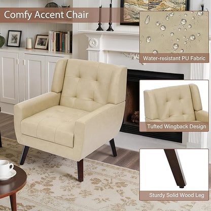 Faux Leather Accent Chairs Set of 4, Mid-Century Modern Upholstered Armchair, Comfy Living Room Chairs Reading Chairs with Button Tufted Back & Solid Wood Legs for Bedroom, Office, Cream