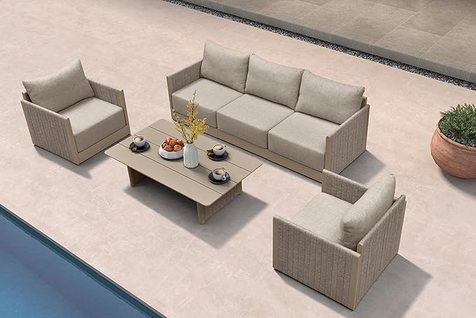 PURPLE LEAF Patio Furniture Set 6 Pieces Outdoor Conversation Sets PP Rope Patio Sofa with Cushions and Table Manual Weaving Deep Seating Furniture for Porch Lawn Backyard Beige