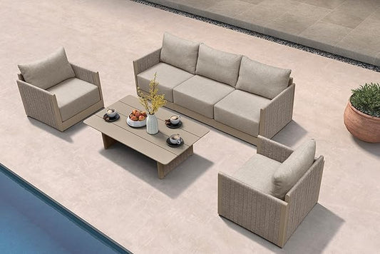 PURPLE LEAF Patio Furniture Set 6 Pieces Outdoor Conversation Sets PP Rope Patio Sofa with Cushions and Table Manual Weaving Deep Seating Furniture for Porch Lawn Backyard Beige