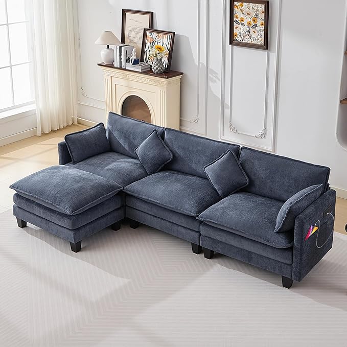 108" Modular Sectional Couches for Living Room with Ottoman, L Shaped Cloud Couch with Charger, USB & Type-c Port, Comfy 4 Seats Sofas with Deep Seat, Chenille Fabric, Blue