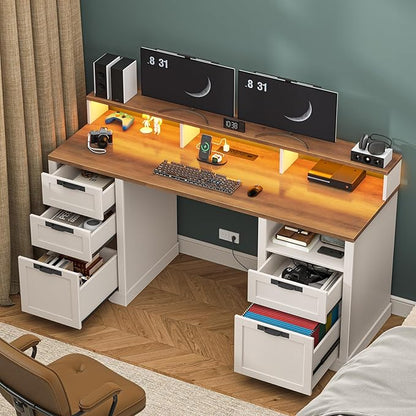 Halitaa 61" Farmhouse Executive Desk with Monitor Stand & File Drawers,Computer Desk with Storage Drawers,Large Workstation LED Lights and Power Outlets for Home Office,Study,White