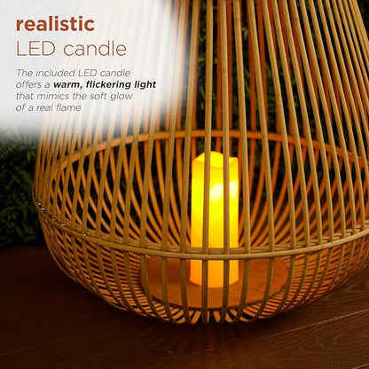 Alpine Corporation IWY108HH-L Outdoor Bamboo Lantern with LED Candle, Brown Finish for Patio and Garden Decor, 33" Tall