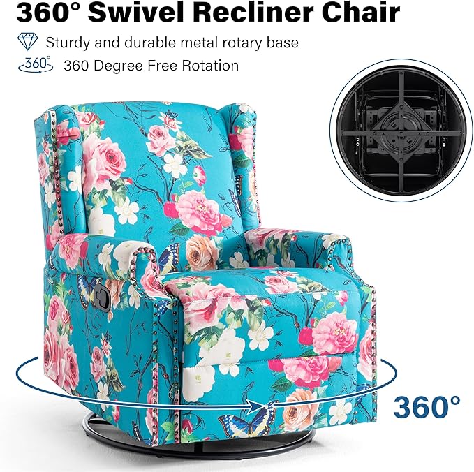 Lumibee Recliner Chairs Set of 2, 360° Swivel Rocker Recliner Chair with Footrest High Back, Comfy Upholstered Glider Rocking Chair for Living Room Bedroom (Peacock Blue)