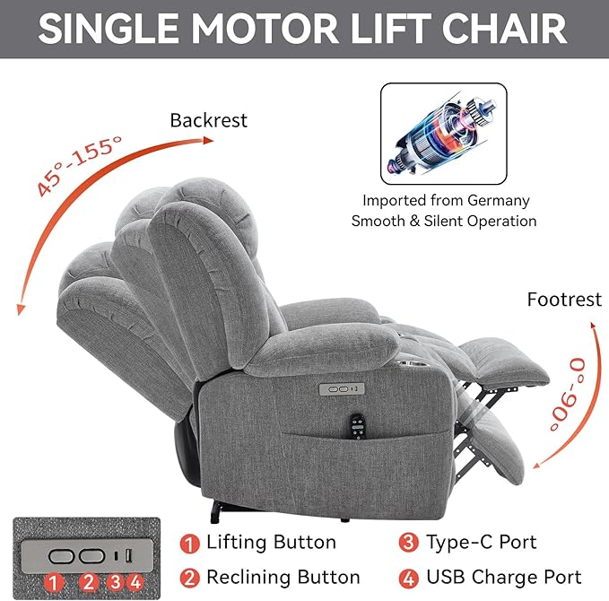 Power Lift Recliner Chair, USB/Type-C Ports & Cup Holders, Heavy Duty Chenille Recliner for Elderly, Light Grey