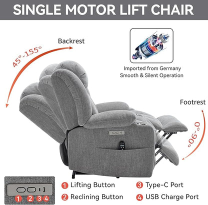 Power Lift Recliner Chair, USB/Type-C Ports & Cup Holders, Heavy Duty Chenille Recliner for Elderly, Light Grey