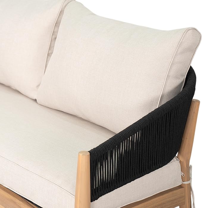 Christopher Knight Home Katarina Patio Acacia Wood Loveseat Furniture, Outdoor Loveseat Sofa with Comfy Fabric Cushions, 2-Seater Sofa with Handwoven Rope Backrest for Garden/Backyard, Black+Beige