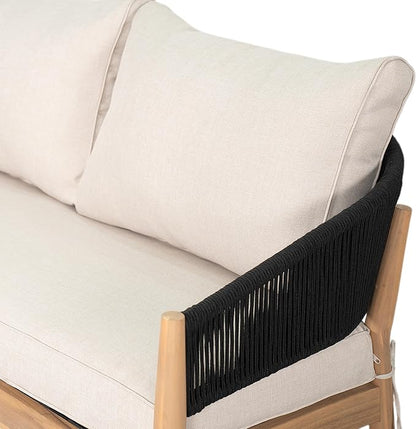 Christopher Knight Home Katarina Patio Acacia Wood Loveseat Furniture, Outdoor Loveseat Sofa with Comfy Fabric Cushions, 2-Seater Sofa with Handwoven Rope Backrest for Garden/Backyard, Black+Beige