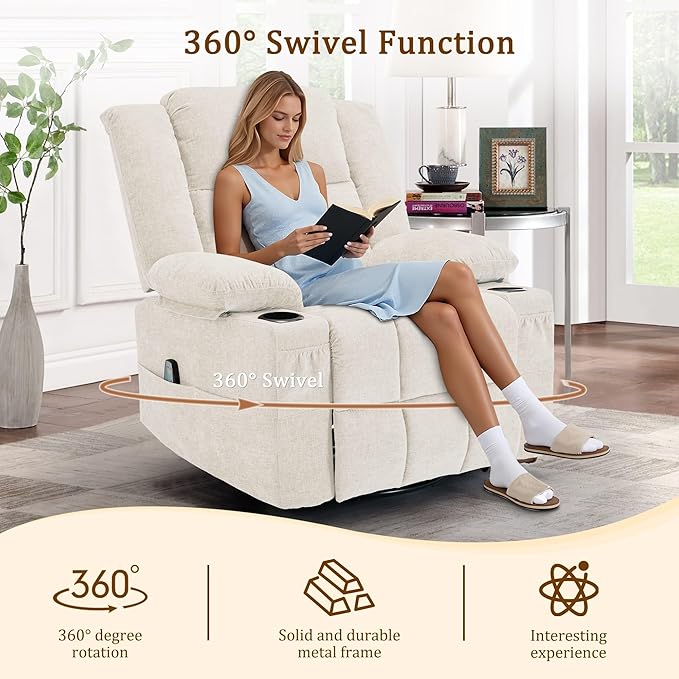 360° Swivel Rocker Recliner for Adults, Nursery Glider Recliner with Massage and Heating, Rocking Chair with Cup Holder, Manual Recliner Chair for Living Room, Bedroom (Fabric, Beige)