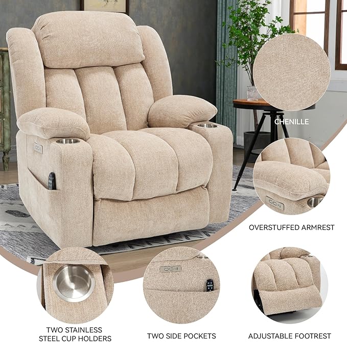 Power Lift Chair for Elderly, Electric Recliner Chair with 8-Point Vibration Massage and Lumbar Heating, Charging Ports, Cup Holders, Standing Assistance Reclining - Ivory White