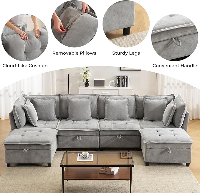 133" U-Shaped Modern Sofa, Modular Sectional Cloud Couch with 2 Ottoman, Oversized Modular Sectional Sofa with Storage Ottoman, 6-Seat Chenille Deep Seat Sofa with 6 Pillows for Living Room, Grey