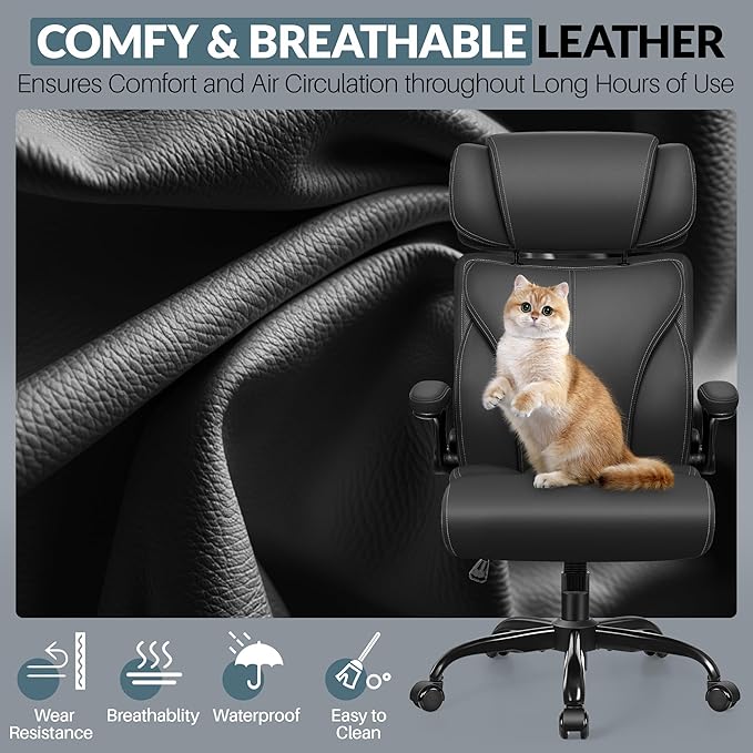 Office Chair, Ergonomic Big and Tall Computer Desk Chair with Retractable Adjustable Headrest, Executive Breathable Leather Chair, Lumbar Support Swivel PC Chair with Flip-up Armrests Rocking Function