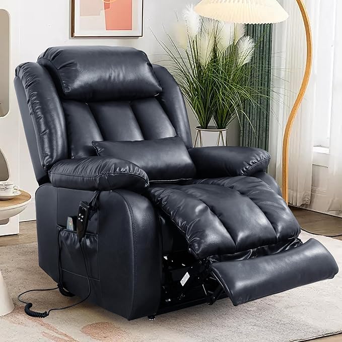 EDILLY Large Reclining Lift Chair, Dual Motor Massage Chair, Genuine Leather Recliner with Heating and Massage for Seniors, with Double Lumbar Cushion and Extended Footrest, USB Port(Blue)