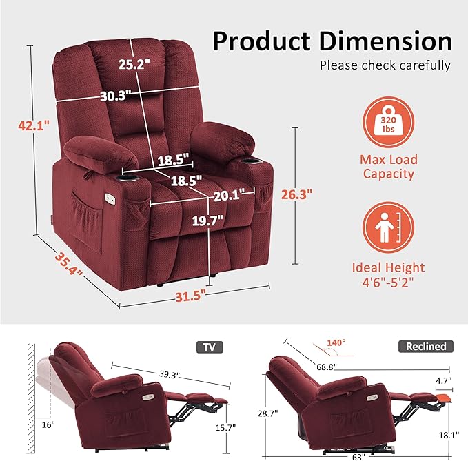 MCombo Small Power Lift Recliner Chair with Massage and Heat for Petite People, Cup Holders, USB Ports, Side Pockets, Fabric 7569 (Small-Regular, Burgundy)