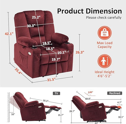MCombo Small Power Lift Recliner Chair with Massage and Heat for Petite People, Cup Holders, USB Ports, Side Pockets, Fabric 7569 (Small-Regular, Burgundy)