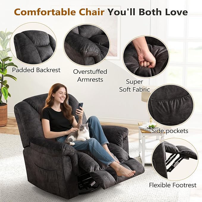 ANJ Rocking Recliner Chair Oversized Swivel Rocker Recliners, Comfy Glider Rocking Chairs for Big Man, Extra Wide Recliners Overstuffed Reclining Chair for Living Room, Grey